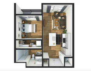 Modern 1-bedroom apartment floor plan featuring a spacious open-concept kitchen and living area, stylish bathroom, and cozy bedroom with large windows.