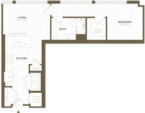 Modern floor plan showcasing 1 bedroom with a walk-in closet, open living area, and a sleek kitchen complete with pantry and laundry space.