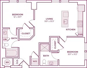 918 square foot two bedroom one bath apartment floor plan in Houston, TX