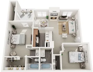 3D floor plan showcasing two spacious bedrooms, a cozy living room with fireplace, and a kitchen, including a private patio or balcony space.