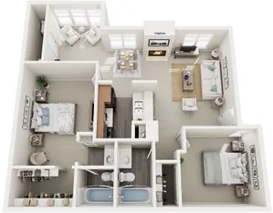 3D floor plan featuring two cozy bedrooms, living room with fireplace, kitchen with dining area, and well-appointed bathroom.