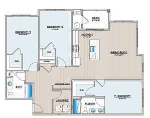 Elegant floor plan featuring 3 bedrooms, a great room, kitchen, and deck.