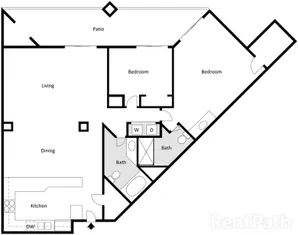 Floor plan of a two-bedroom apartment with angled layout. Includes living, dining areas, kitchen, two bathrooms, and a patio. Clean lines, functional design.