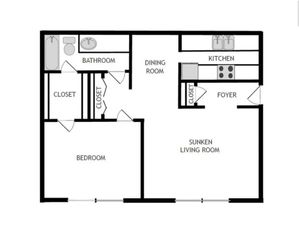 Elegant floor plan showcasing a one-bedroom layout with a spacious sunken living room, modern kitchen, dining area, and bathroom.