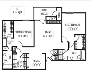 Spacious 2D floor plan of B3 layout featuring 1,148 sq ft with a master bedroom, guest bedroom, open living area, and dining room. Includes two bathrooms, a patio balcony, and ample storage space.