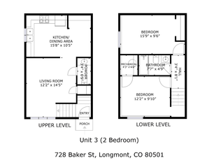 Inviting 2-level floor plan showcasing 2 bedrooms, bright living room, and modern kitchen at 728 Baker St, Longmont, CO 80501.