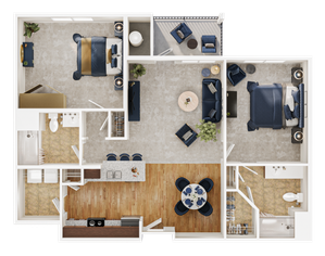 Modern 2D floor plan with 2 bedrooms, elegant living room, stylish kitchen with island, and two bathrooms featuring contemporary fixtures.