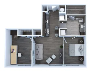 Contemporary 3D floor plan of Unit AE3 featuring 1 bedroom, a spacious bathroom, versatile study area, and an elegant open kitchen layout in 856 sq. ft.