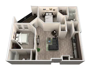 Modern 3D apartment floor plan featuring two spacious bedrooms, a cozy living room with elegant seating, and an efficient kitchen area.
