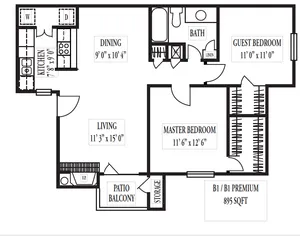 Premium B1 floor plan with 2 spacious bedrooms, modern kitchen, inviting living area, dining space, and patio balcony, totaling 895 sq ft.