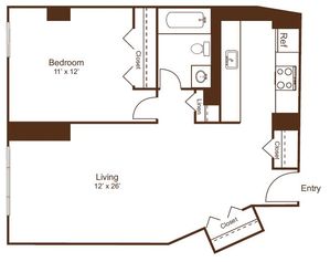 Charming 1-bedroom floor plan featuring a spacious living area, modern kitchen with ample storage, and a well-appointed bathroom.