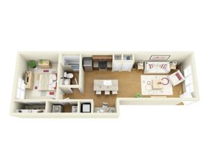 Inviting 3D floor plan showcasing 1 bedroom, modern kitchen with island, cozy living area, and stylish bathroom.