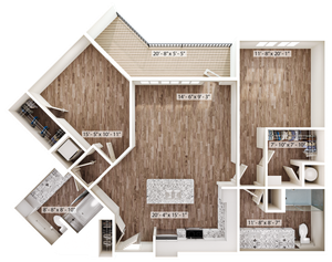 Elegant floor plan featuring a spacious open kitchen, luxurious living area, two large bedrooms, modern bathrooms, and a cozy balcony.
