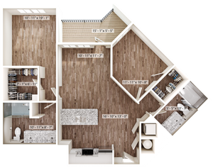 Contemporary floor plan showcasing a spacious two-bedroom apartment with a large living area, modern kitchen, and ample storage space.