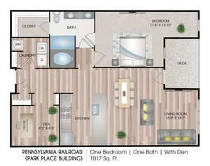 Pennsylvania Railroad floor plan featuring a spacious one-bedroom, one-bath layout with den and deck.