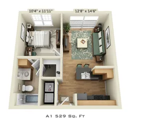 3D floor plan of a 529 sq ft apartment including a bedroom, open living area, kitchen, and bathroom.