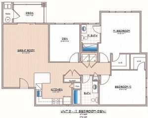 Detailed floor plan of a 2-bedroom apartment with a den, great room, kitchen, and two bathrooms.