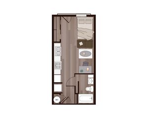 Chic studio apartment floor plan with open layout, cozy bedroom area, modern kitchen, and sleek bathroom.