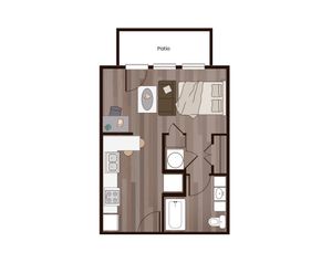 Charming floor plan with a spacious bedroom, cozy living area, modern kitchen, and inviting patio.