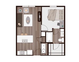 Modern 1-bedroom luxury apartment floor plan with open-concept living area, stylish kitchen, and elegant bathroom design.