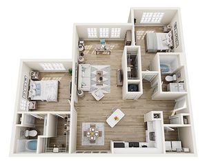 Modern 3D floor plan showcasing 2 bedrooms, elegant open living area, and a contemporary kitchen.