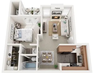 Inviting 3D floor plan featuring a cozy 1-bedroom apartment with an open living area, and charming balcony.