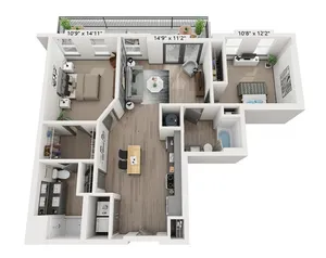 The Stowe 2-bedroom, 2-bathroom, 1,042-square-foot floor plan at Woodburn Exchange in East Walnut Hills.