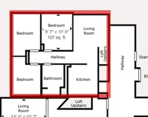 Inviting floor plan showcasing 3 bedrooms, 1 bathroom, and a cozy loft space. Ideal layout with a spacious living room and convenient kitchen.