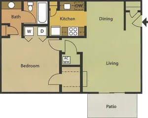 Inviting 1-bedroom apartment layout with a spacious living-dining area, modern kitchen, and a private patio.