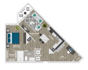 Modern 1-bedroom floor plan with open-concept living and dining area, stylish kitchen, and cozy den.