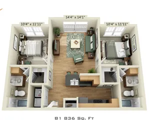 3D floor plan of an 836 sq. ft. apartment featuring two bedrooms, two bathrooms, and an open living area.