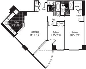 1160 square foot two bedroom two bath apartment floorplan image