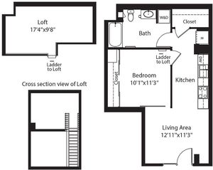 517 square foot one bedroom one bath apartment floorplan image