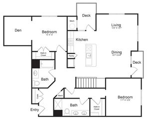 Two Bedroom Two Bath with Loft and Den (1780 SF) | First Floor