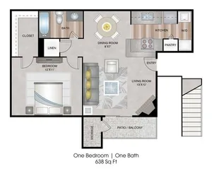 One Bedroom | 638 sqft | Patio/Balcony | Full-Size Washer Dryer Connections | Walk-in Closet | Additional Storage Unit | Fireplace in Second Floor Homes