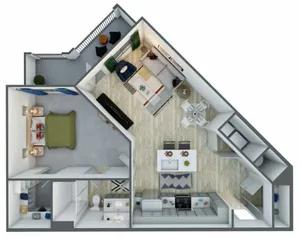 Modern apartment floor plan showcasing one spacious bedroom, a cozy living area with balcony access, a sleek kitchen with island, and a stylish dining space.