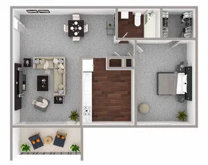 Chic floor plan showcasing a modern 1-bedroom apartment with a spacious living area, stylish kitchen, and cozy balcony.