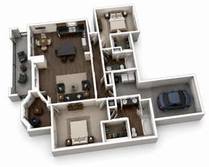 Chic 3D floor plan showcasing a modern apartment with 2 bedrooms, spacious open living area, elegant kitchen, 2 luxurious bathrooms, and an attached garage.