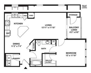 Modern 1-bedroom floor plan with open kitchen, spacious living area, and private balcony in a well-designed layout.