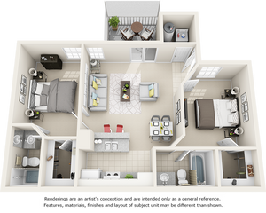 Hibiscus  2 bedrooms 2 bathrooms floor plan with premium finishes