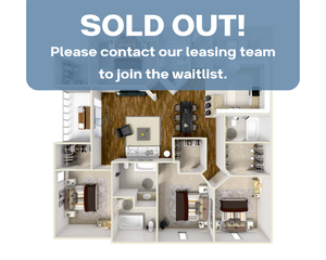 Modern 3D floor plan displaying 3 bedrooms, inviting living room, cozy dining area, and well-equipped kitchen, all in an efficient layout. Note: Fully booked, contact for waitlist options.