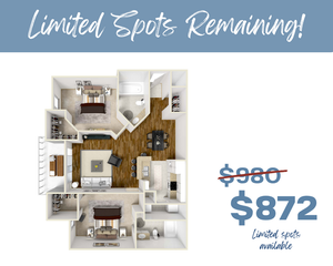 Inviting 3D floor plan showcasing 2 bedrooms, spacious living area, and modern kitchen. Special offer: rent reduced to $872. Limited spots remaining!