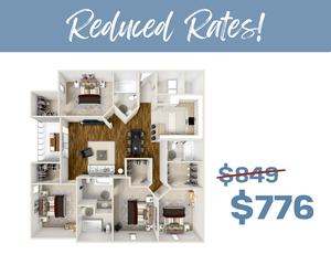 Inviting 3D floor plan with three bedrooms, cozy living area, and modern kitchen, now available at reduced rates, offering exceptional value.