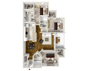 Modern and spacious 3D floor plan featuring three cozy bedrooms, open-concept living and dining area, sleek kitchen, and two luxurious bathrooms.