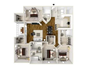 Elegant 3-bedroom floor plan featuring a spacious living room, modern kitchen, and multiple bathrooms with ample closet space.