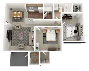 Modern 3D floor plan featuring two cozy bedrooms, a stylish open-concept living area, an elegant kitchen, and a functional bathroom.