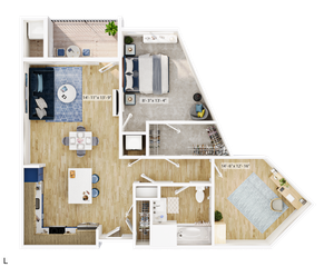 Chic 3D floor plan showcasing sophisticated one-bedroom apartment with open-concept living and dining area, gourmet kitchen, modern bathroom, and private balcony.