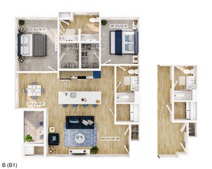 Contemporary 2-bedroom apartment floor plan with open kitchen, stylish living area, and two modern bathrooms.