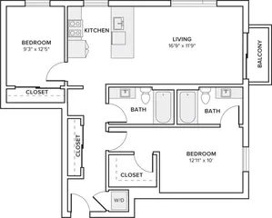 1018-1022 square foot two bed two bath apartment floor plan in Seattle, WA