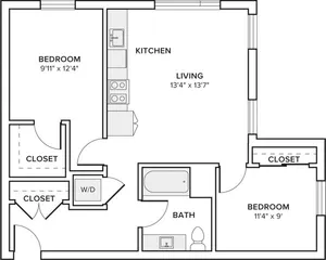 816 square foot two bed two bath apartment floor plan in Seattle, WA